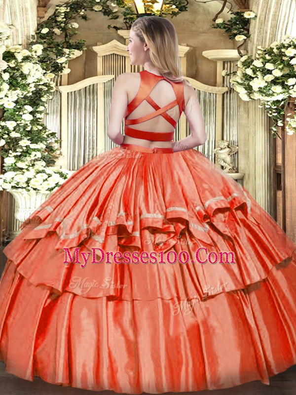 Tulle High-neck Sleeveless Criss Cross Ruffled Layers Sweet 16 Dress in Orange
