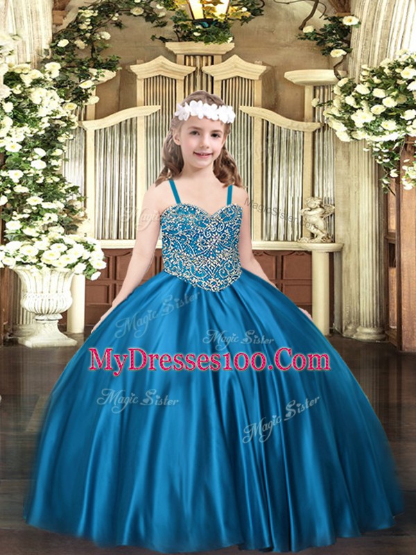 Blue Ball Gowns Satin Straps Sleeveless Beading Floor Length Lace Up Kids Pageant Dress