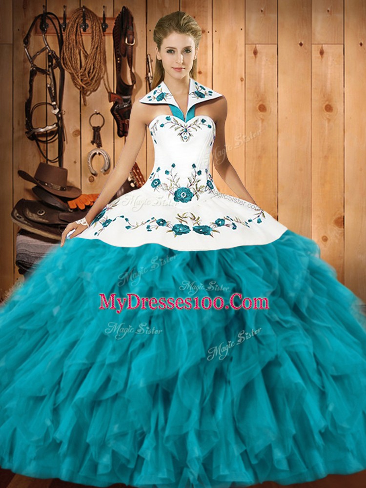 Great Teal Lace Up Halter Top Embroidery and Ruffles 15 Quinceanera Dress Satin and Organza Sleeveless