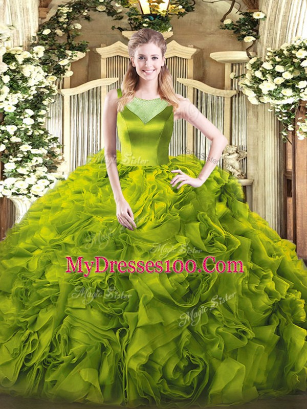 Cute Scoop Sleeveless Side Zipper 15th Birthday Dress Olive Green Fabric With Rolling Flowers