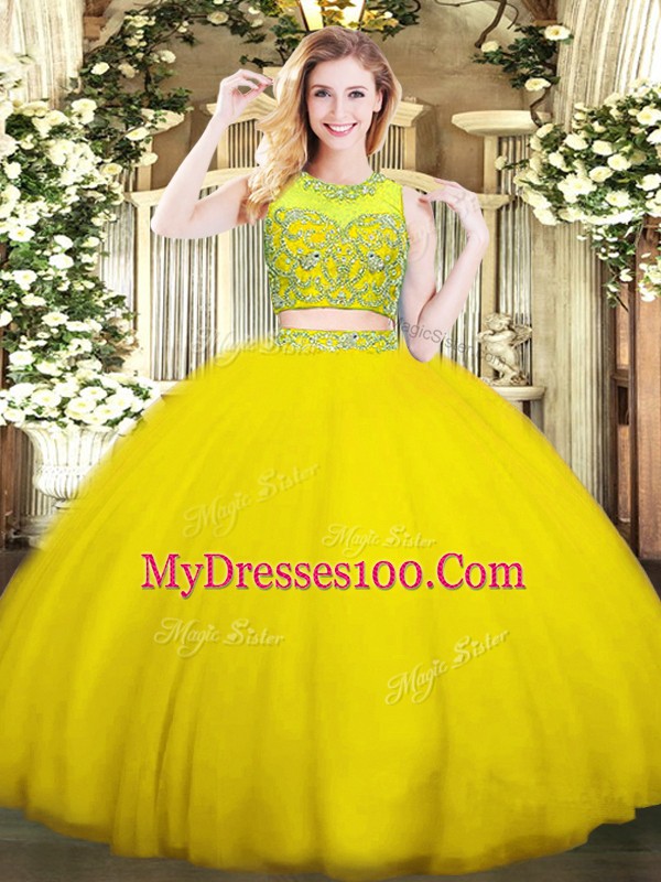 Eye-catching Gold Two Pieces Tulle Scoop Sleeveless Beading Floor Length Zipper Ball Gown Prom Dress