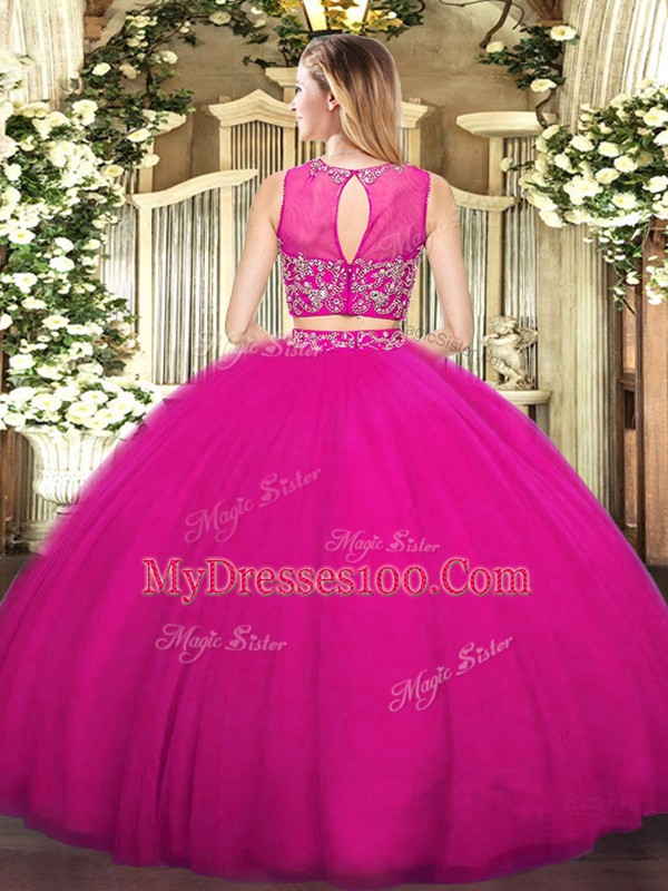 Eye-catching Gold Two Pieces Tulle Scoop Sleeveless Beading Floor Length Zipper Ball Gown Prom Dress