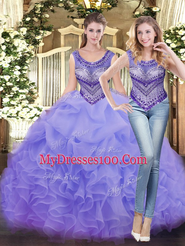 Lavender Ball Gowns Tulle Scoop Sleeveless Beading and Ruffles Floor Length Lace Up Quinceanera Gowns