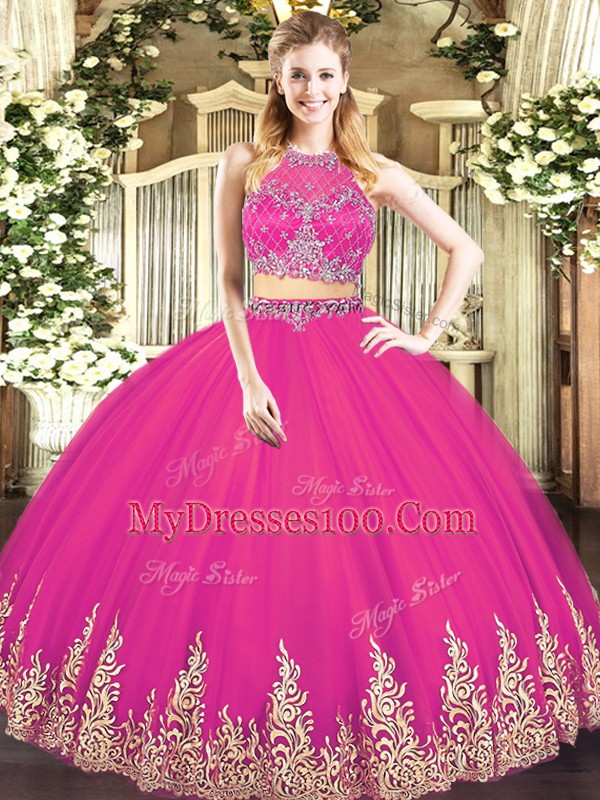 Romantic Floor Length Zipper 15th Birthday Dress Hot Pink for Military Ball and Sweet 16 and Quinceanera with Beading and Appliques