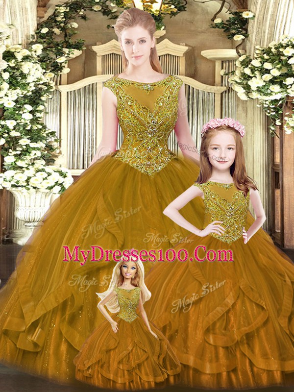 Brown Lace Up Quince Ball Gowns Beading and Ruffles Sleeveless Floor Length