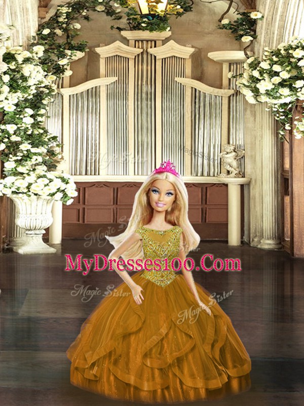 Brown Lace Up Quince Ball Gowns Beading and Ruffles Sleeveless Floor Length