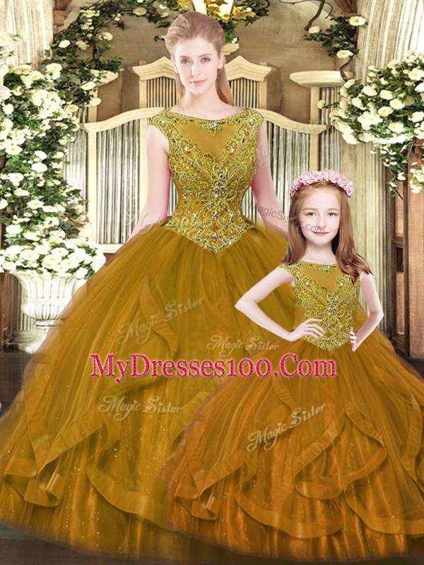 Brown Lace Up Quince Ball Gowns Beading and Ruffles Sleeveless Floor Length