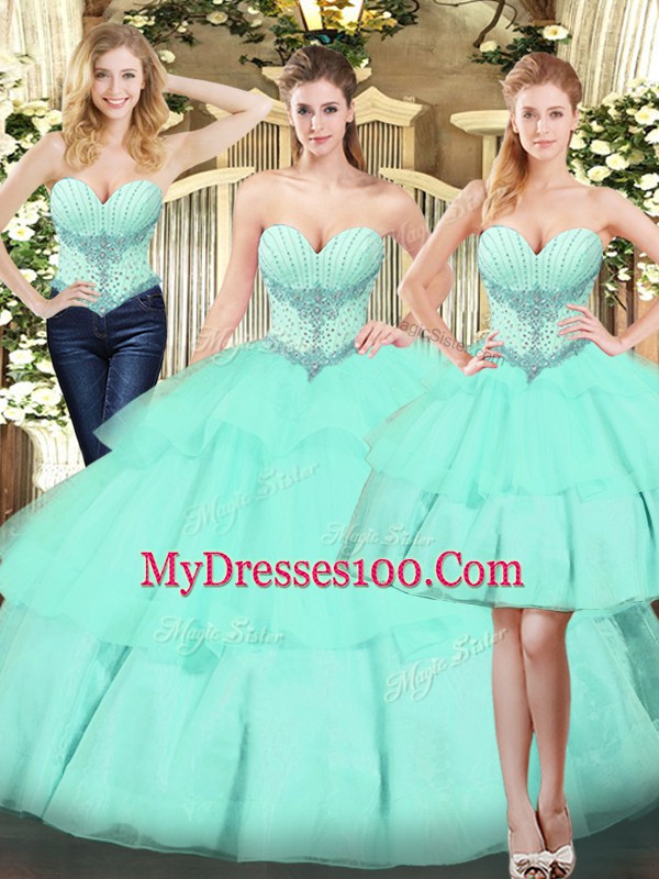 Sweetheart Sleeveless Quinceanera Gown Floor Length Beading and Ruffled Layers Apple Green Organza