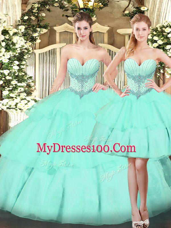 Sweetheart Sleeveless Quinceanera Gown Floor Length Beading and Ruffled Layers Apple Green Organza