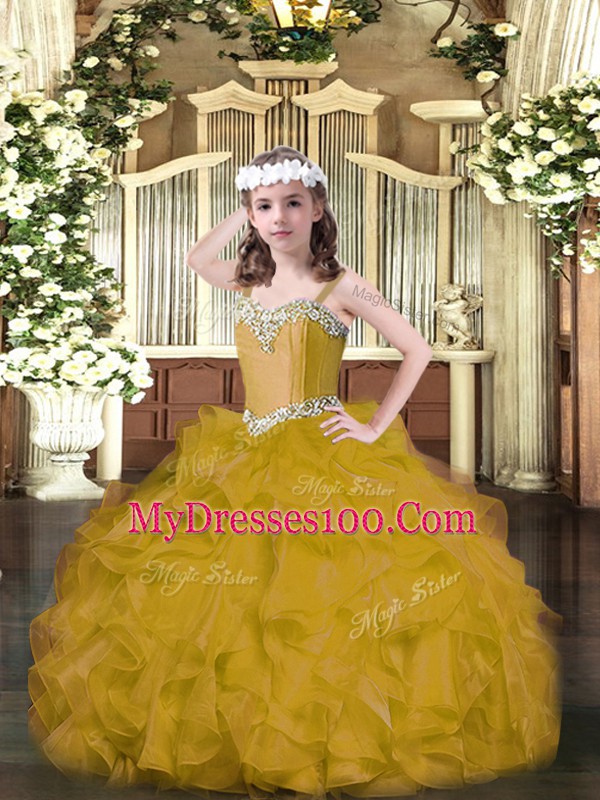 Brown Ball Gowns Beading and Ruffles Girls Pageant Dresses Lace Up Organza Sleeveless Floor Length
