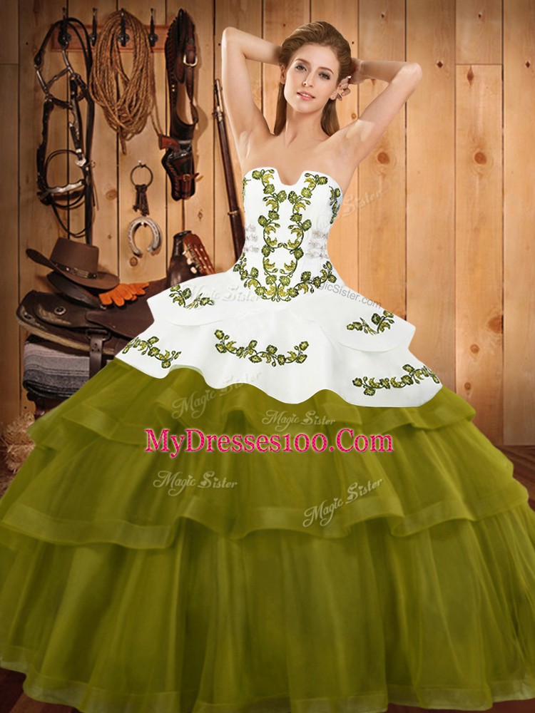 Stunning Tulle Sleeveless Sweet 16 Dress Sweep Train and Embroidery and Ruffled Layers