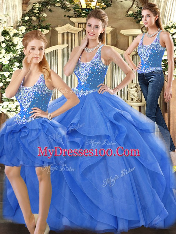 Superior Blue Sleeveless Tulle Lace Up Quinceanera Dresses for Military Ball and Sweet 16 and Quinceanera