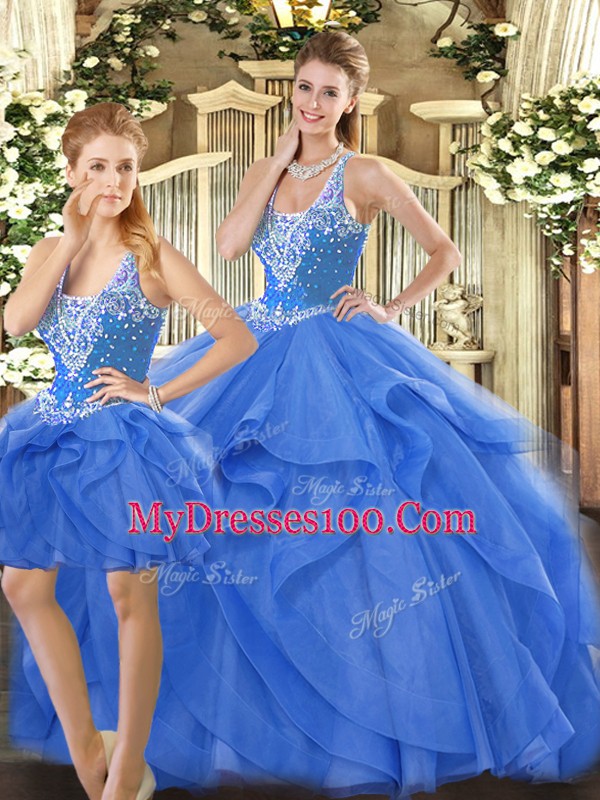 Superior Blue Sleeveless Tulle Lace Up Quinceanera Dresses for Military Ball and Sweet 16 and Quinceanera