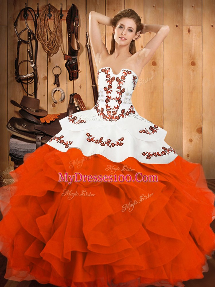 Luxurious Orange Red Sleeveless Floor Length Embroidery and Ruffles Lace Up Sweet 16 Dress