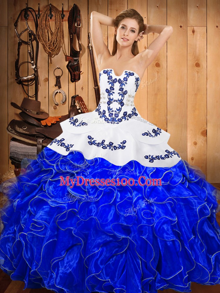 Strapless Sleeveless Satin and Organza Sweet 16 Quinceanera Dress Embroidery and Ruffles Lace Up