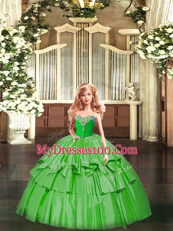 Green 15th Birthday Dress Military Ball and Sweet 16 and Quinceanera with Beading and Ruffled Layers Sweetheart Sleeveless Lace Up