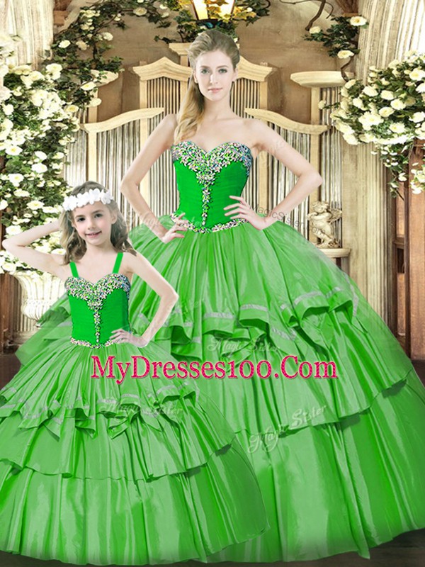 Green 15th Birthday Dress Military Ball and Sweet 16 and Quinceanera with Beading and Ruffled Layers Sweetheart Sleeveless Lace Up