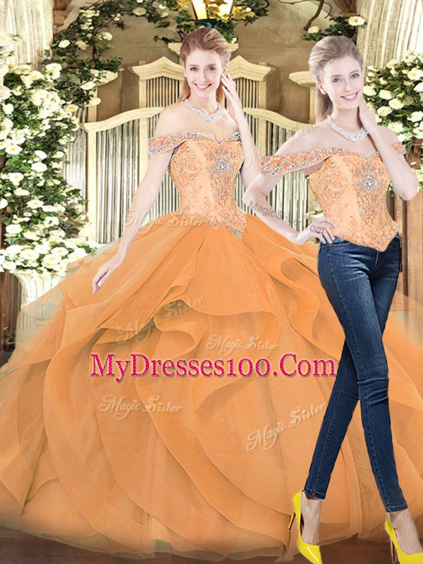Three Pieces Quinceanera Gowns Orange Red Off The Shoulder Organza Sleeveless Floor Length Lace Up