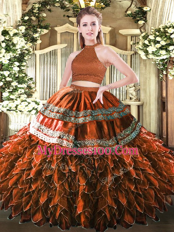 Captivating Rust Red Halter Top Neckline Beading and Embroidery and Ruffles Sweet 16 Dresses Sleeveless Backless