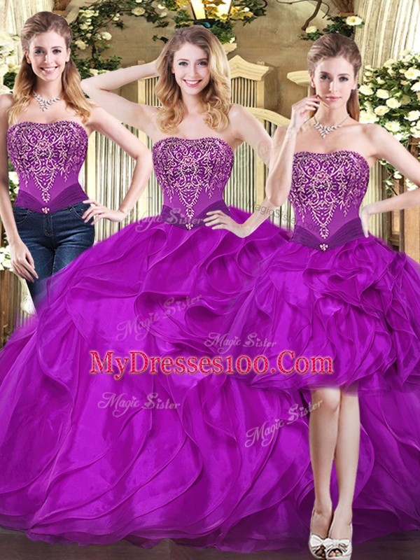 Hot Selling Sleeveless Tulle Floor Length Lace Up Quinceanera Dresses in Fuchsia with Beading and Ruffles