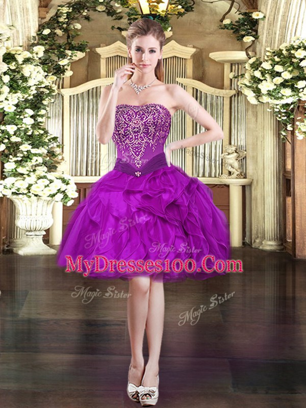 Hot Selling Sleeveless Tulle Floor Length Lace Up Quinceanera Dresses in Fuchsia with Beading and Ruffles