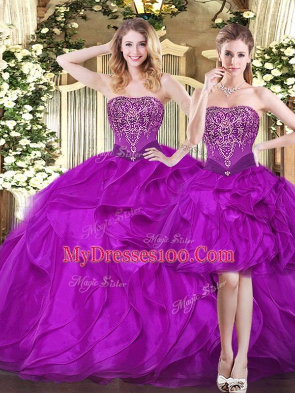 Hot Selling Sleeveless Tulle Floor Length Lace Up Quinceanera Dresses in Fuchsia with Beading and Ruffles