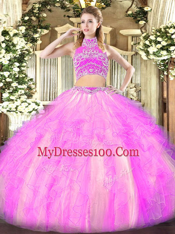Floor Length Two Pieces Sleeveless Lilac 15 Quinceanera Dress Backless