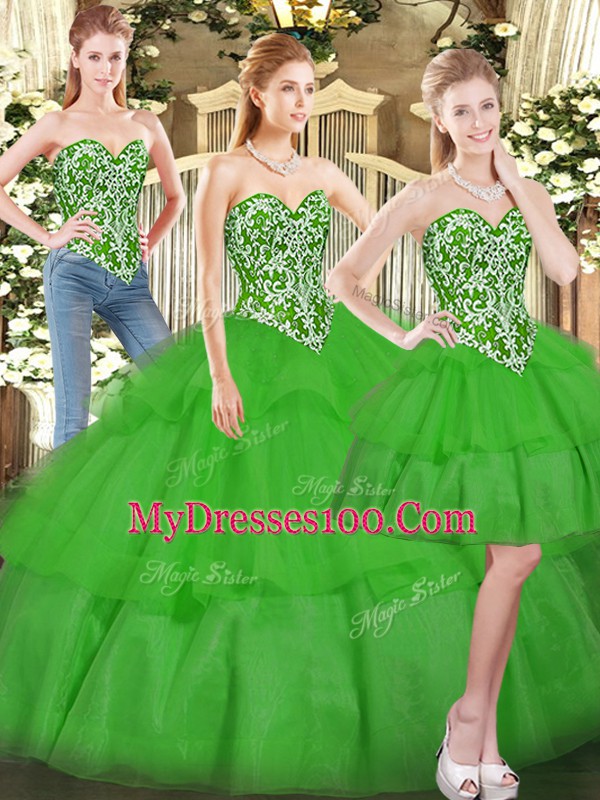 Green Ball Gowns Beading and Ruffled Layers Quinceanera Gown Lace Up Tulle Sleeveless Floor Length