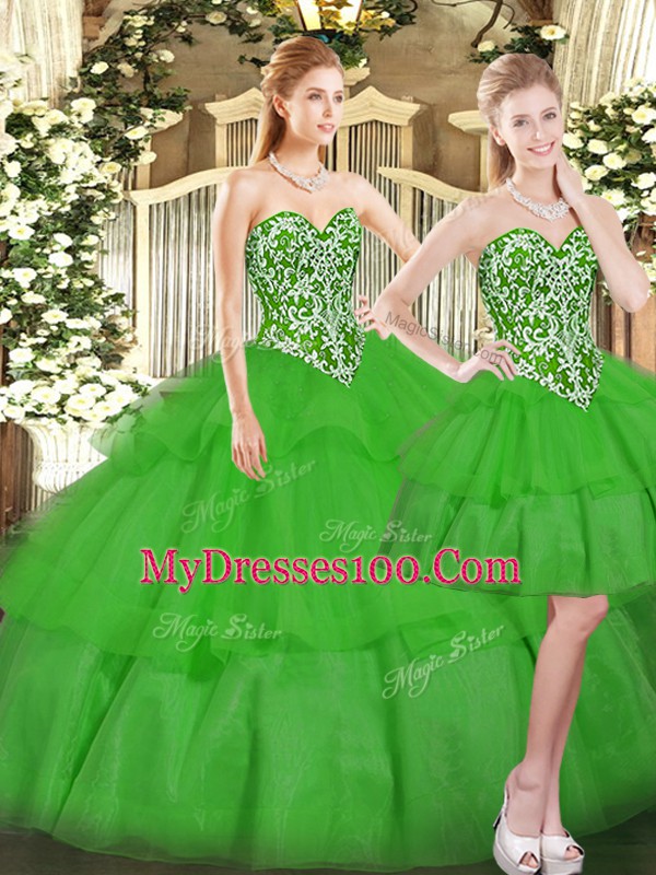 Green Ball Gowns Beading and Ruffled Layers Quinceanera Gown Lace Up Tulle Sleeveless Floor Length