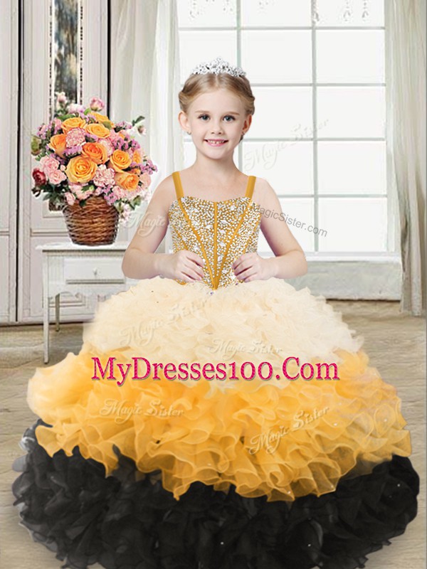 Floor Length Lace Up Little Girls Pageant Dress Multi-color for Sweet 16 and Quinceanera with Beading and Ruffles