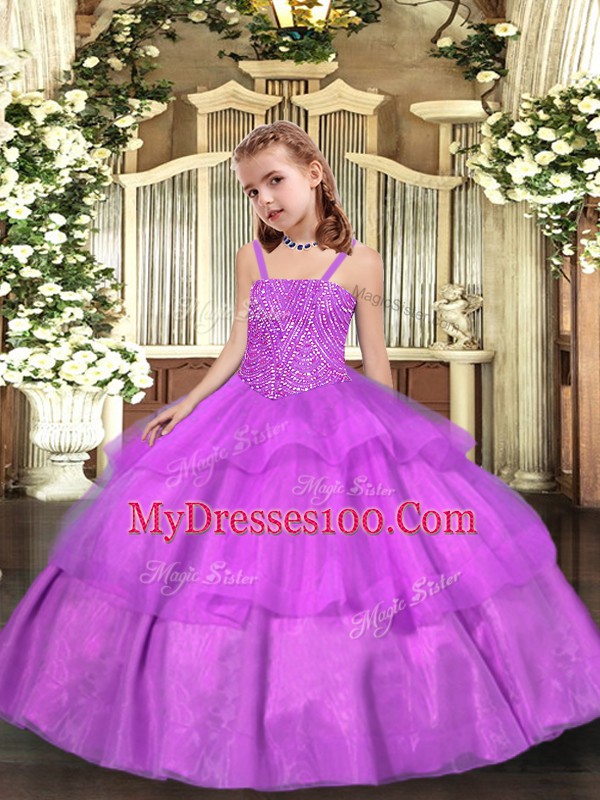 Lilac Sleeveless Floor Length Beading and Ruffled Layers Lace Up Little Girl Pageant Gowns