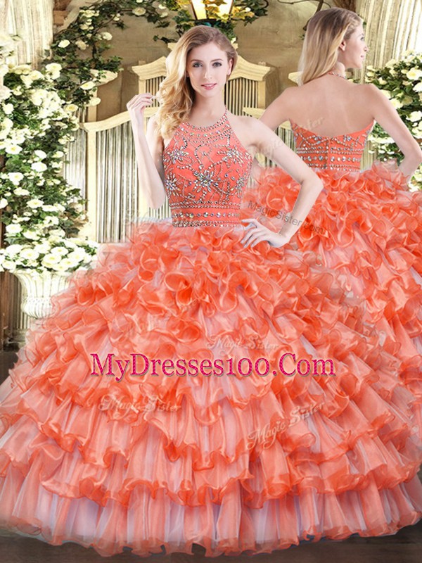 Orange Organza Zipper Quinceanera Gown Sleeveless Floor Length Beading and Ruffled Layers