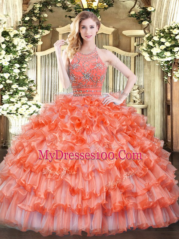 Orange Organza Zipper Quinceanera Gown Sleeveless Floor Length Beading and Ruffled Layers