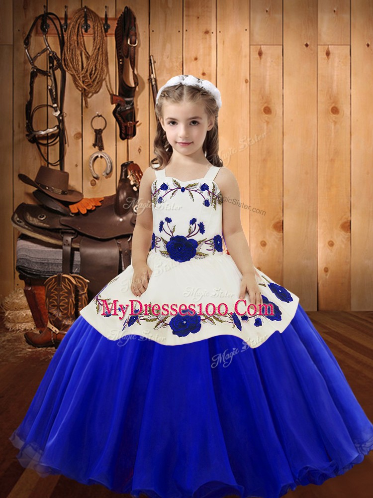 Dazzling Blue Straps Neckline Embroidery Little Girls Pageant Dress Sleeveless Lace Up