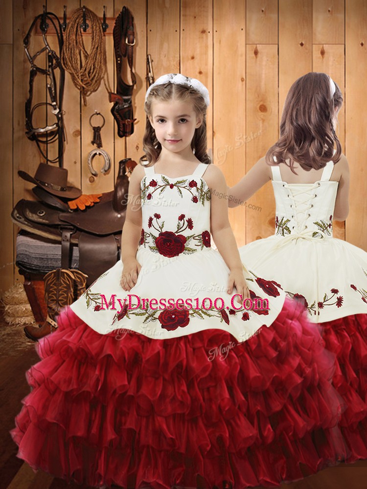 Graceful Floor Length Lace Up Pageant Gowns For Girls Red for Sweet 16 and Quinceanera with Ruffled Layers