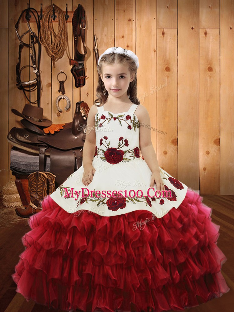 Graceful Floor Length Lace Up Pageant Gowns For Girls Red for Sweet 16 and Quinceanera with Ruffled Layers