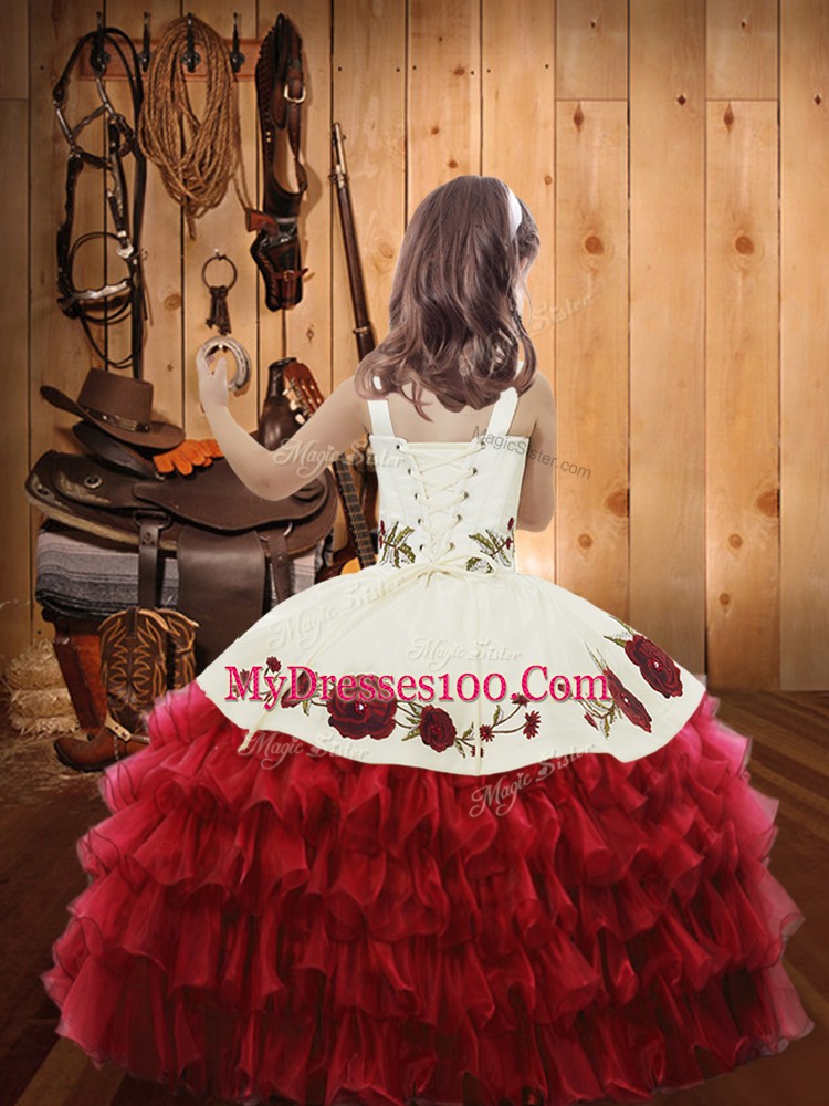 Graceful Floor Length Lace Up Pageant Gowns For Girls Red for Sweet 16 and Quinceanera with Ruffled Layers