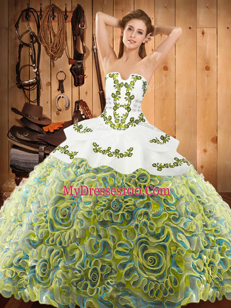Low Price Strapless Sleeveless Sweep Train Lace Up Quinceanera Dress Multi-color Satin and Fabric With Rolling Flowers