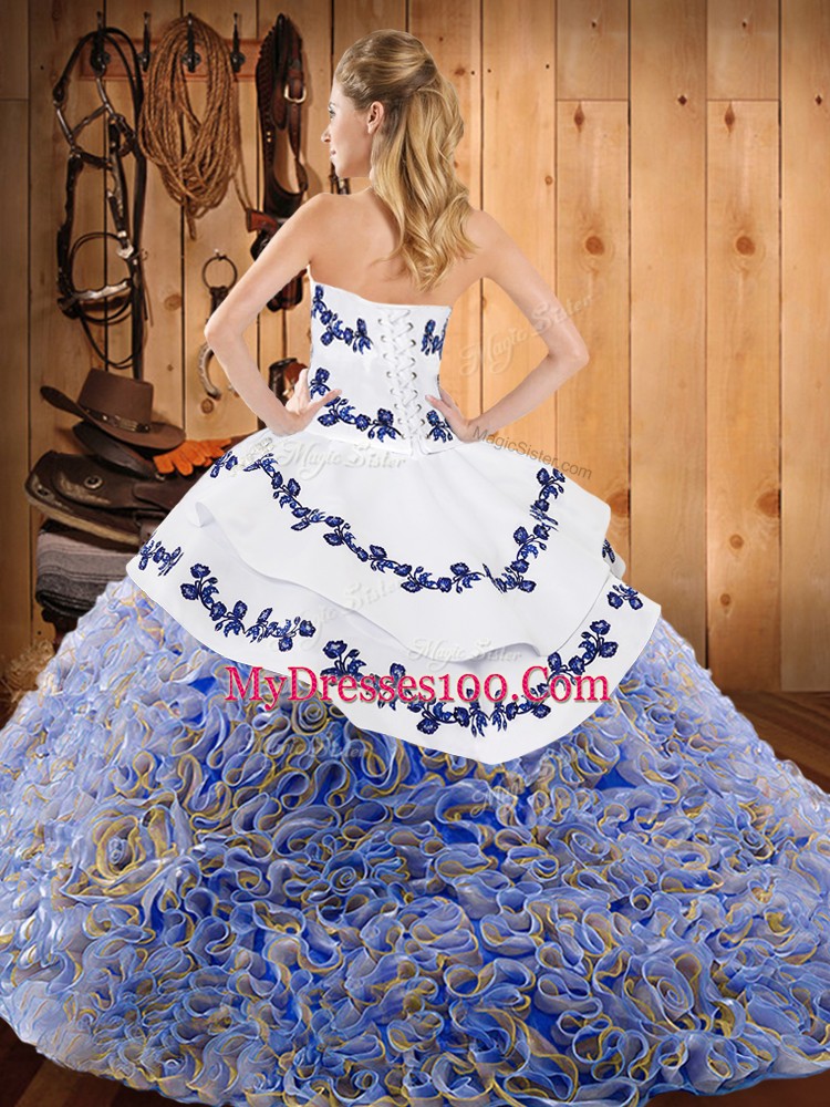 Low Price Strapless Sleeveless Sweep Train Lace Up Quinceanera Dress Multi-color Satin and Fabric With Rolling Flowers