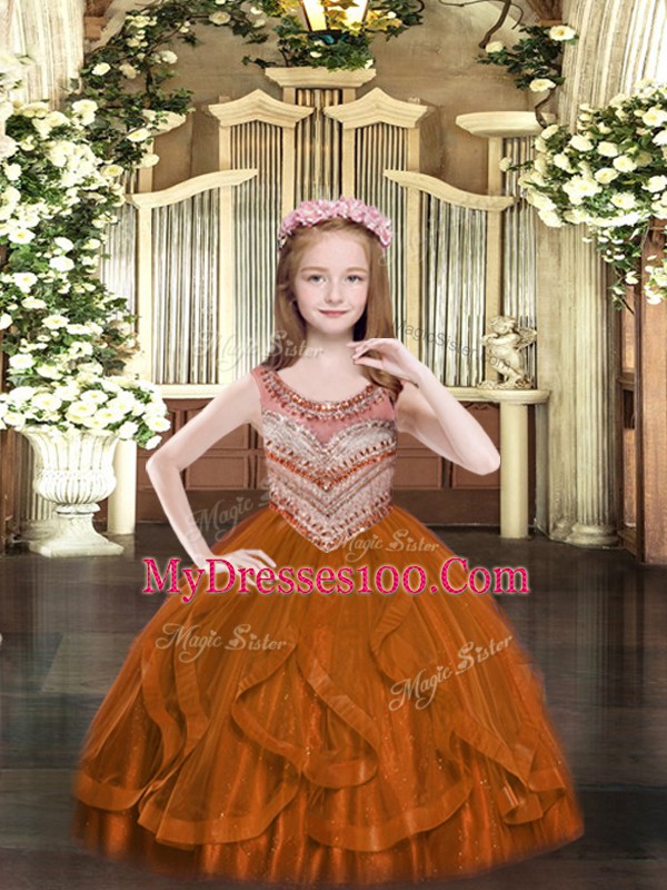 High Quality Floor Length Lace Up Pageant Dress Rust Red for Party and Quinceanera with Beading and Ruffles
