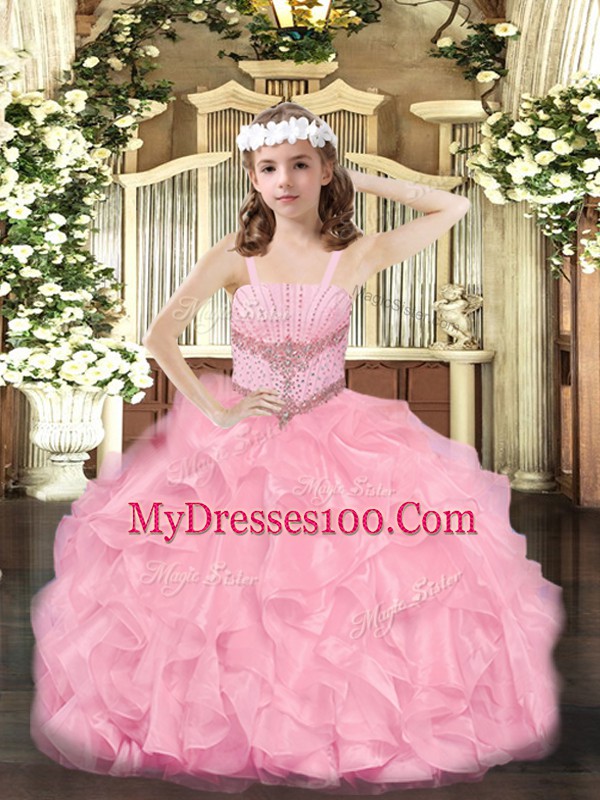 Graceful Straps Sleeveless Zipper Little Girls Pageant Dress Wholesale Rose Pink Organza