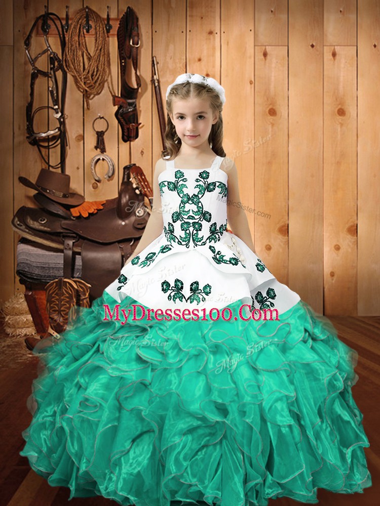 Enchanting Straps Sleeveless Child Pageant Dress Floor Length Embroidery and Ruffles Turquoise Organza