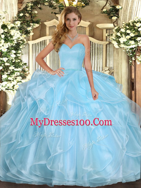 Aqua Blue Lace Up Quinceanera Gown Ruffles Sleeveless Floor Length