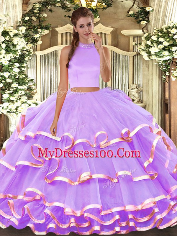 Super Lavender Two Pieces Beading and Ruffled Layers Sweet 16 Quinceanera Dress Backless Organza Sleeveless Floor Length
