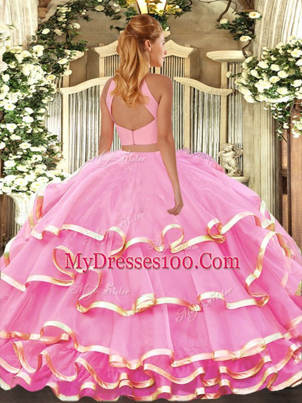 Super Lavender Two Pieces Beading and Ruffled Layers Sweet 16 Quinceanera Dress Backless Organza Sleeveless Floor Length