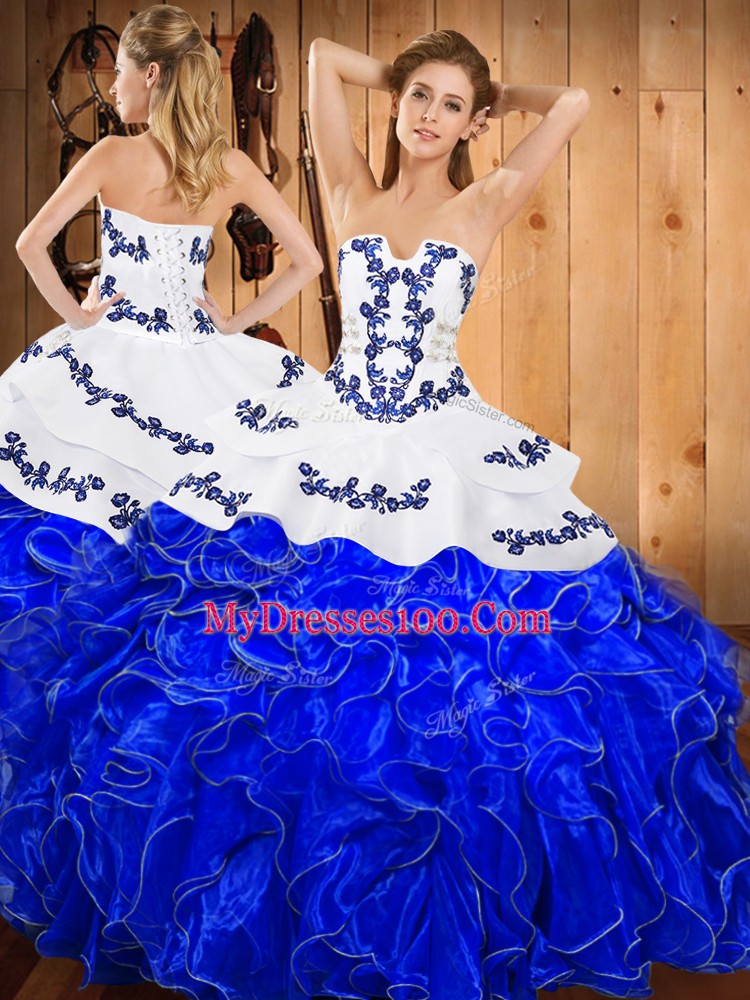 Blue And White Ball Gowns Strapless Sleeveless Satin and Organza Floor Length Lace Up Embroidery and Ruffles Sweet 16 Dress