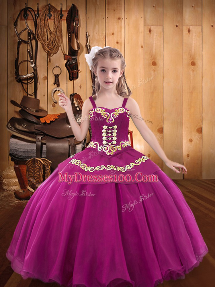 Embroidery and Ruffles Girls Pageant Dresses Fuchsia Lace Up Sleeveless Floor Length