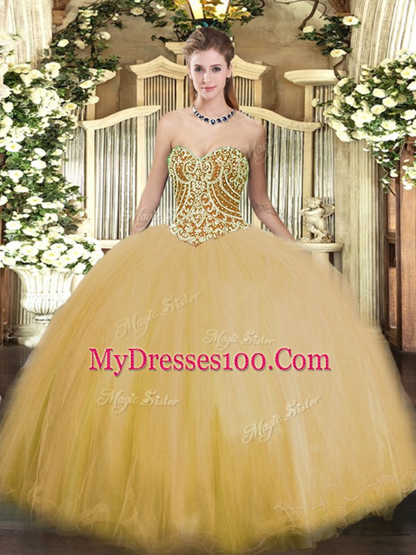 Tulle Sweetheart Sleeveless Lace Up Beading 15 Quinceanera Dress in Gold