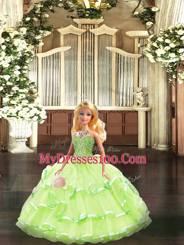 Tulle Sweetheart Sleeveless Lace Up Beading and Ruffled Layers Sweet 16 Dresses in Yellow Green
