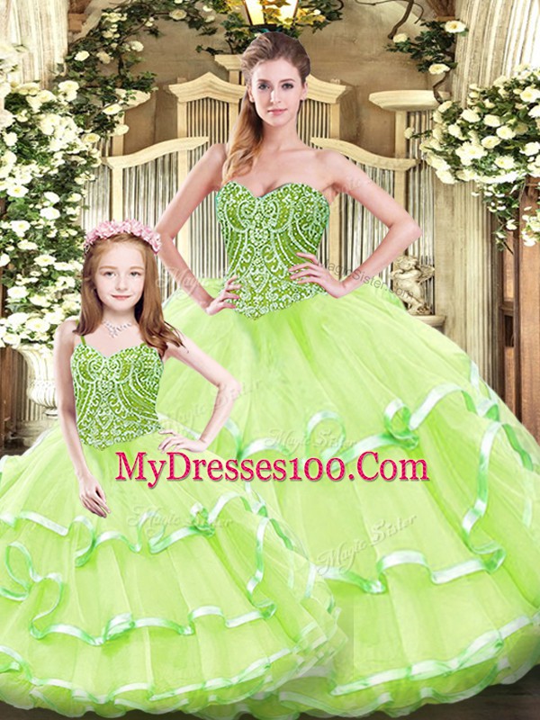 Tulle Sweetheart Sleeveless Lace Up Beading and Ruffled Layers Sweet 16 Dresses in Yellow Green